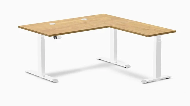 Main image of Desky Rubberwood L-Shape Sit Stand Desk - Light Oak / 60 x 30 x 62 x 20 in with Grommets / White