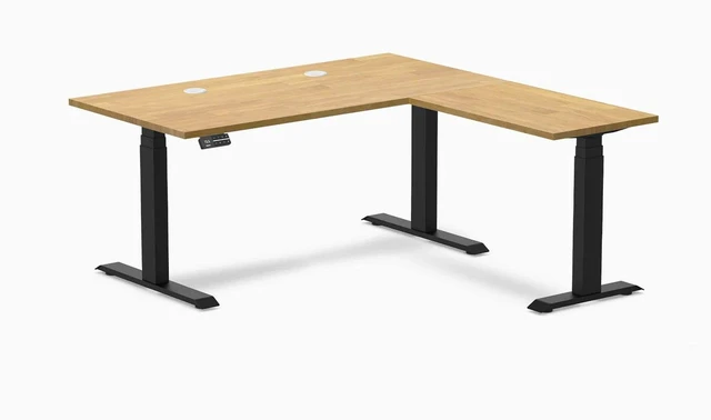 Main image of Desky Rubberwood L-Shape Sit Stand Desk - Light Oak / 60 x 30 x 62 x 20 in with Grommets / Matte Black