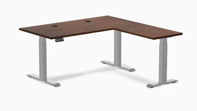 Main image of Desky Rubberwood L-Shape Sit Stand Desk - Red Walnut / 60 x 30 x 62 x 20 in with Grommets / Gray