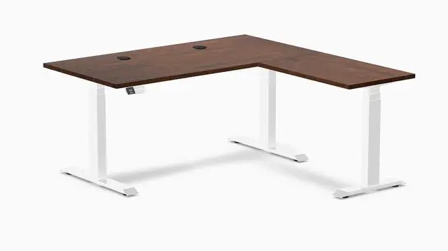 Main image of Desky Rubberwood L-Shape Sit Stand Desk - Red Walnut / 60 x 30 x 62 x 20 in with Grommets / White