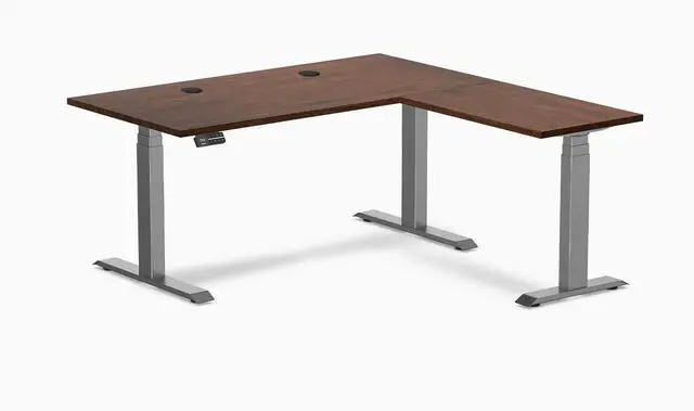 Main image of Desky Rubberwood L-Shape Sit Stand Desk - Red Walnut / 60 x 30 x 62 x 20 in with Grommets / Space Gray