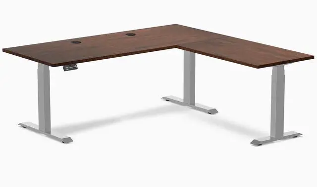 Main image of Desky Rubberwood L-Shape Sit Stand Desk - Red Walnut / 72 x 30 x 70 x 24 in with Grommets / Gray