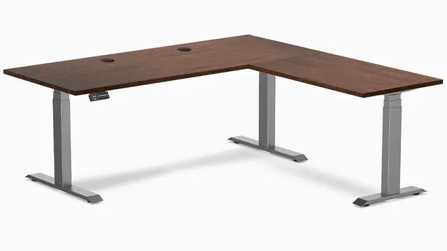 Main image of Desky Rubberwood L-Shape Sit Stand Desk - Red Walnut / 72 x 30 x 70 x 24 in with Grommets / Space Gray