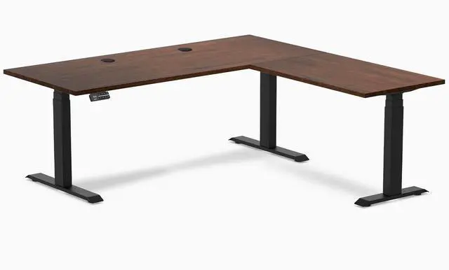 Main image of Desky Rubberwood L-Shape Sit Stand Desk - Red Walnut / 72 x 30 x 70 x 24 in with Grommets / Matte Black