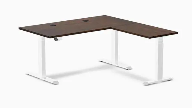 Main image of Desky Rubberwood L-Shape Sit Stand Desk - Dark Walnut / 60 x 30 x 62 x 20 in with Grommets / White