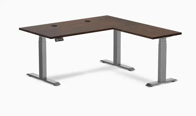 Main image of Desky Rubberwood L-Shape Sit Stand Desk - Dark Walnut / 60 x 30 x 62 x 20 in with Grommets / Space Gray