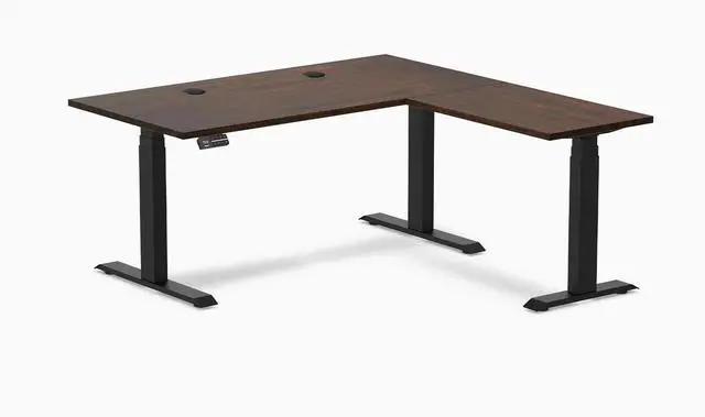 Main image of Desky Rubberwood L-Shape Sit Stand Desk - Dark Walnut / 60 x 30 x 62 x 20 in with Grommets / Matte Black