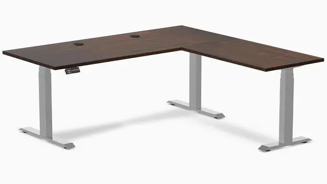 Main image of Desky Rubberwood L-Shape Sit Stand Desk - Dark Walnut / 72 x 30 x 70 x 24 in with Grommets / Gray