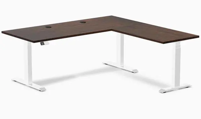 Main image of Desky Rubberwood L-Shape Sit Stand Desk - Dark Walnut / 72 x 30 x 70 x 24 in with Grommets / White