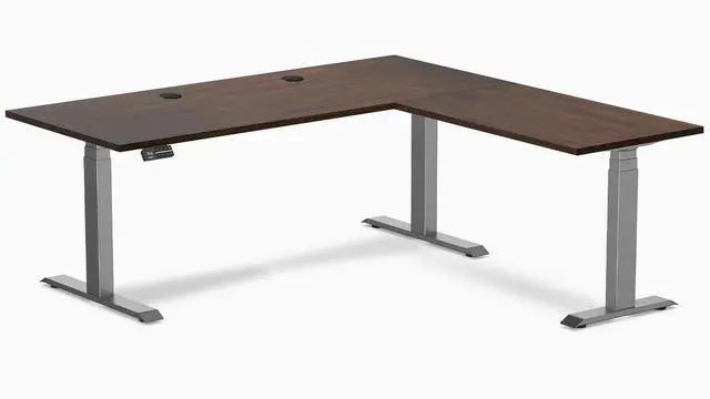 Main image of Desky Rubberwood L-Shape Sit Stand Desk - Dark Walnut / 72 x 30 x 70 x 24 in with Grommets / Space Gray