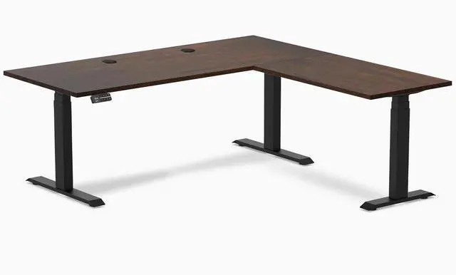 Main image of Desky Rubberwood L-Shape Sit Stand Desk - Dark Walnut / 72 x 30 x 70 x 24 in with Grommets / Matte Black
