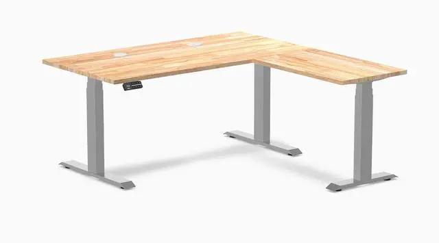 Main image of Desky Rubberwood L-Shape Sit Stand Desk - Natural Timber / 60 x 30 x 62 x 20 in with Grommets / Gray