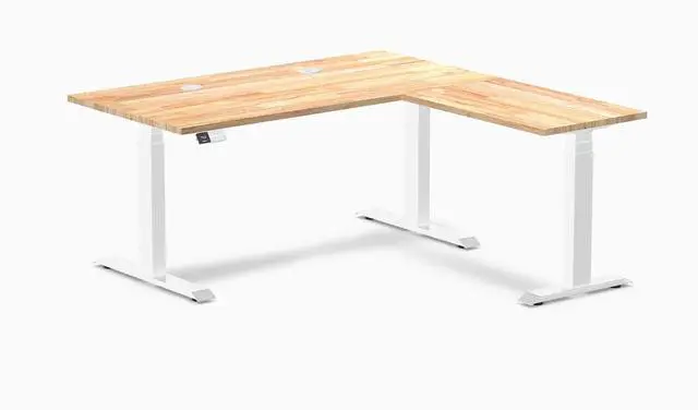 Main image of Desky Rubberwood L-Shape Sit Stand Desk - Natural Timber / 60 x 30 x 62 x 20 in with Grommets / White