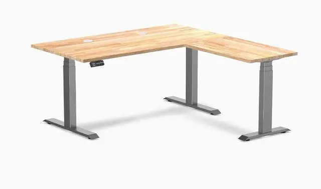 Main image of Desky Rubberwood L-Shape Sit Stand Desk - Natural Timber / 60 x 30 x 62 x 20 in with Grommets / Space Gray
