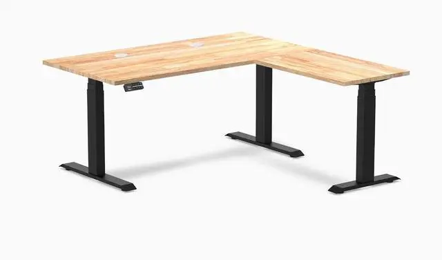Main image of Desky Rubberwood L-Shape Sit Stand Desk - Natural Timber / 60 x 30 x 62 x 20 in with Grommets / Matte Black