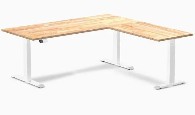 Main image of Desky Rubberwood L-Shape Sit Stand Desk - Natural Timber / 72 x 30 x 70 x 24 in with Grommets / White