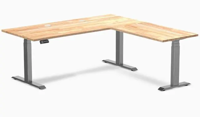 Main image of Desky Rubberwood L-Shape Sit Stand Desk - Natural Timber / 72 x 30 x 70 x 24 in with Grommets / Space Gray