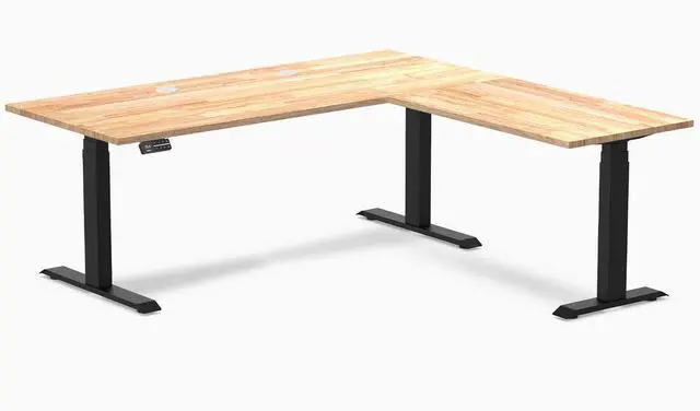 Main image of Desky Rubberwood L-Shape Sit Stand Desk - Natural Timber / 72 x 30 x 70 x 24 in with Grommets / Matte Black