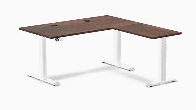 Main image of Desky Softwood L-Shape Sit Stand Desk - American Rustic Pine / 60 x 30 x 62 x 20 in with Grommets / White
