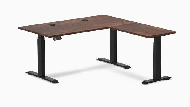 Main image of Desky Softwood L-Shape Sit Stand Desk - American Rustic Pine / 60 x 30 x 62 x 20 in with Grommets / Matte Black