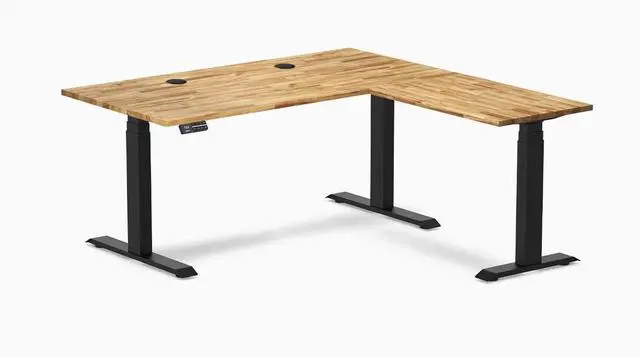 Main image of Desky Hardwood L-Shape Sit Stand Desk - Acacia / 60 x 30 x 62 x 20 in with Grommets / Matte Black
