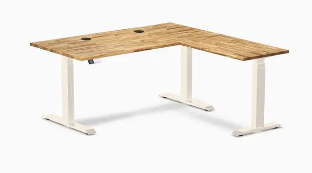 Main image of Desky Hardwood L-Shape Sit Stand Desk - Acacia / 60 x 30 x 62 x 20 in with Grommets / White