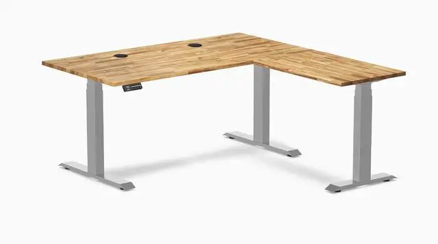 Main image of Desky Hardwood L-Shape Sit Stand Desk - Acacia / 60 x 30 x 62 x 20 in with Grommets / Gray