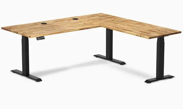 Main image of Desky Hardwood L-Shape Sit Stand Desk - Acacia / 72 x 30 x 70 x 24 in with Grommets / Matte Black