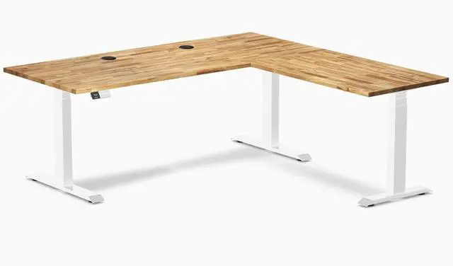 Main image of Desky Hardwood L-Shape Sit Stand Desk - Acacia / 72 x 30 x 70 x 24 in with Grommets / White