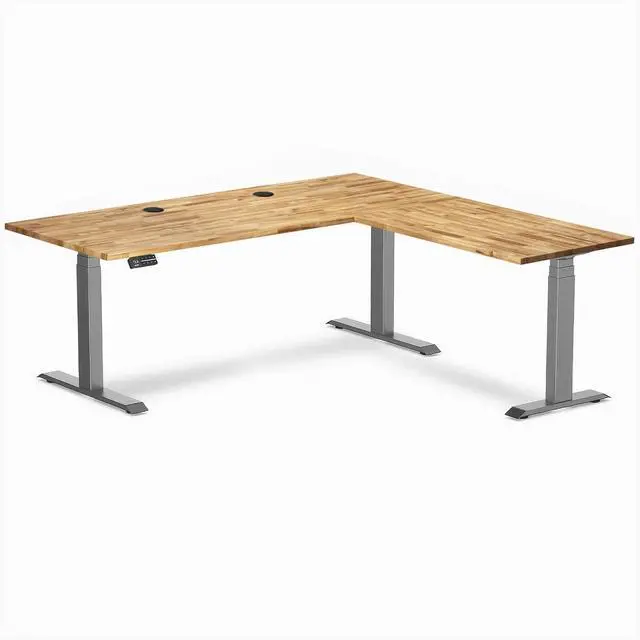 Main image of Desky Hardwood L-Shape Sit Stand Desk - Acacia / 72 x 30 x 70 x 24 in with Grommets / Space Gray