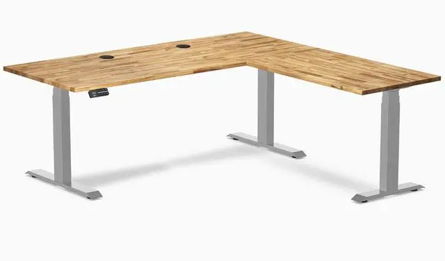 Main image of Desky Hardwood L-Shape Sit Stand Desk - Acacia / 72 x 30 x 70 x 24 in with Grommets / Gray
