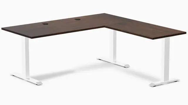 Main image of Desky Zero Rubberwood L-Shape Office Desk - Dark Walnut / 72 x 30 x 70 x 24 in with Grommets / White