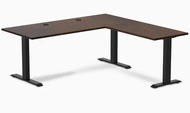 Main image of Desky Zero Rubberwood L-Shape Office Desk - Dark Walnut / 72 x 30 x 70 x 24 in with Grommets / Matte Black