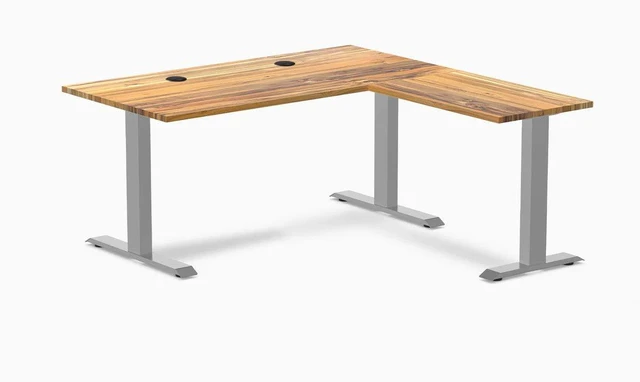 Main image of Desky Zero Hardwood L-Shape Office Desk - Teak / 60 x 30 x 62 x 20 in with Grommets / Gray