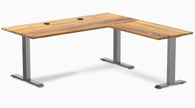 Main image of Desky Zero Hardwood L-Shape Office Desk - Teak / 72 x 30 x 70 x 24 in with Grommets / Space Gray