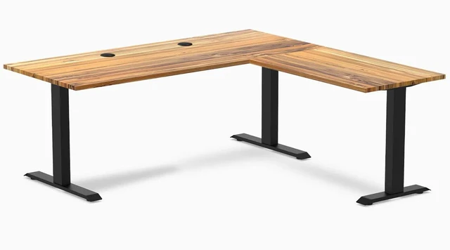 Main image of Desky Zero Hardwood L-Shape Office Desk - Teak / 72 x 30 x 70 x 24 in with Grommets / Matte Black