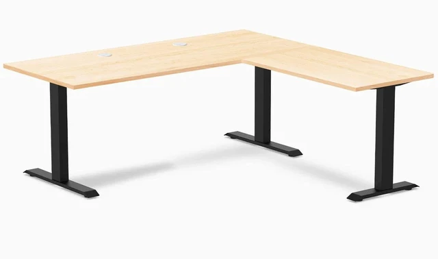 Main image of Desky Zero Hardwood L-Shape Office Desk - Maple / 72 x 30 x 70 x 24 in with Grommets / Matte Black