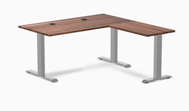 Main image of Desky Zero Hardwood L-Shape Office Desk - Walnut / 60 x 30 x 62 x 20 in with Grommets / Gray