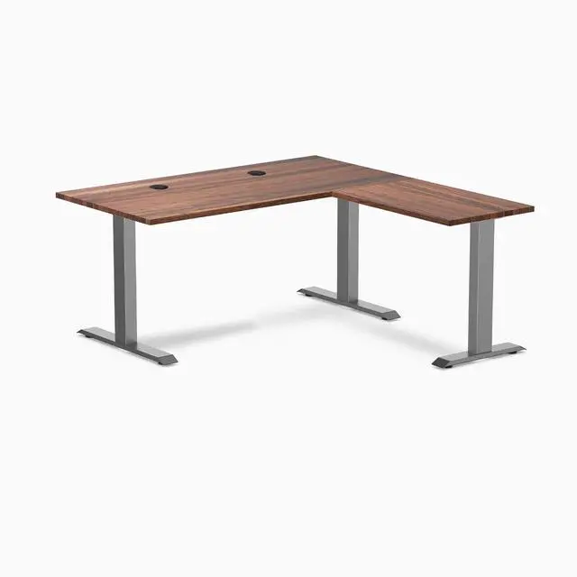 Main image of Desky Zero Hardwood L-Shape Office Desk - Walnut / 60 x 30 x 62 x 20 in with Grommets / Space Gray
