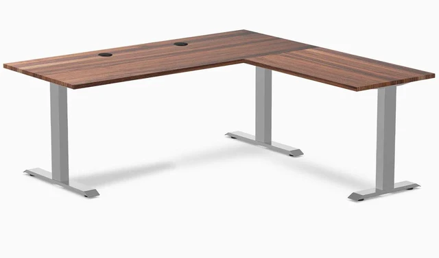 Main image of Desky Zero Hardwood L-Shape Office Desk - Walnut / 72 x 30 x 70 x 24 in with Grommets / Gray