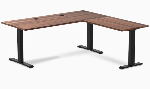 Main image of Desky Zero Hardwood L-Shape Office Desk - Walnut / 72 x 30 x 70 x 24 in with Grommets / Matte Black