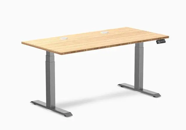Main image of Desky Dual Bamboo Sit Stand Desk - Bamboo / 60 x 30 in with Grommets / Space Gray