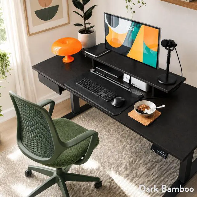 Alt view image 4 of 7 - Desky Dual Bamboo Sit Stand Desk - Dark Bamboo / 80 x 30 in with Grommets / Gray