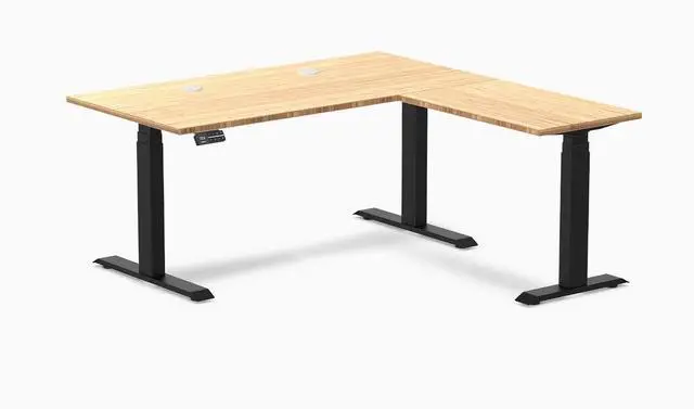 Main image of Desky Bamboo L-Shape Sit Stand Desk - Bamboo / 60 x 30 x 62 x 20 in with Grommets / Matte Black