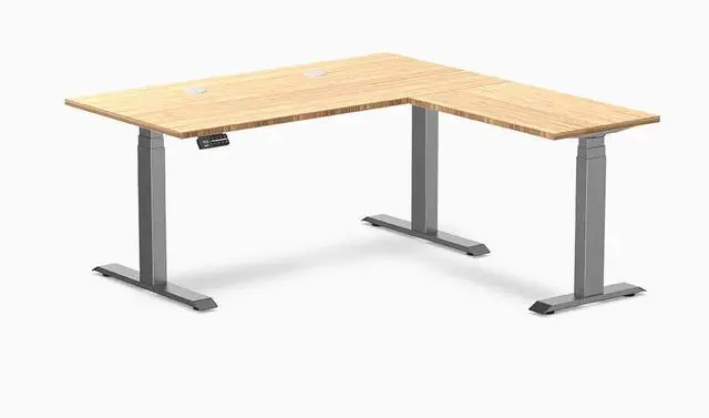 Main image of Desky Bamboo L-Shape Sit Stand Desk - Bamboo / 60 x 30 x 62 x 20 in with Grommets / Space Gray