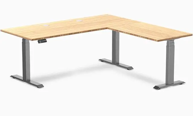 Main image of Desky Bamboo L-Shape Sit Stand Desk - Bamboo / 72 x 30 x 70 x 24 in with Grommets / Space Gray