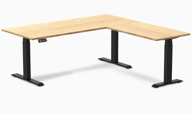 Main image of Desky Bamboo L-Shape Sit Stand Desk - Bamboo / 72 x 30 x 70 x 24 in with Grommets / Matte Black