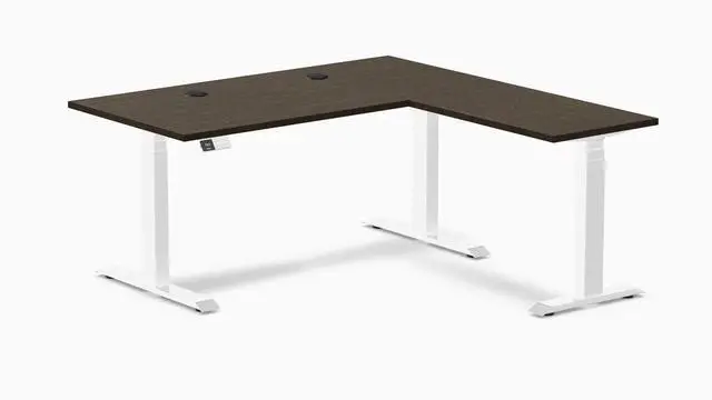 Main image of Desky Bamboo L-Shape Sit Stand Desk - Dark Bamboo / 60 x 30 x 62 x 20 in with Grommets / White