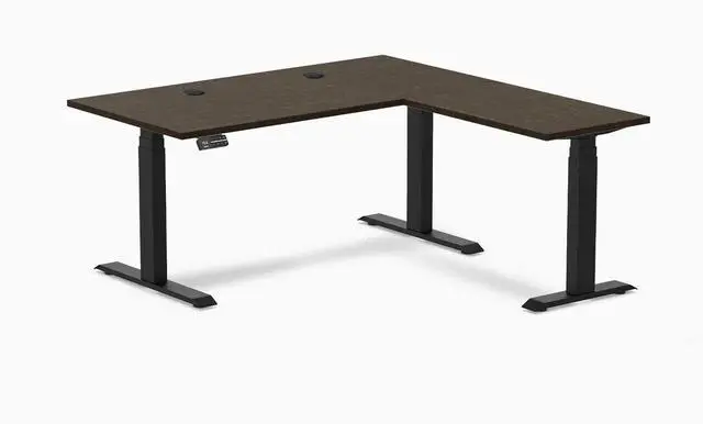 Main image of Desky Bamboo L-Shape Sit Stand Desk - Dark Bamboo / 60 x 30 x 62 x 20 in with Grommets / Matte Black