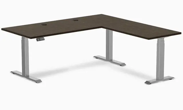 Main image of Desky Bamboo L-Shape Sit Stand Desk - Dark Bamboo / 72 x 30 x 70 x 24 in with Grommets / Space Gray